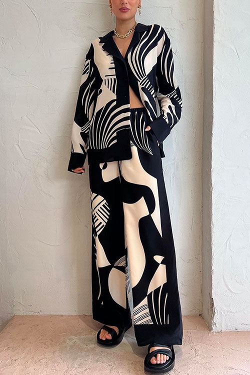 Valenzora | Rosiedress Graphic Print Long Sleeve Blouse Shirt Wide Leg Trousers 2 Piece Set