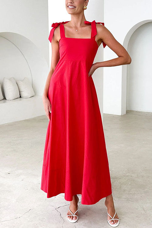 Valenzora | Rosiedress Maxikleid mit Spaghettiträgern, Schleifenschultern und Empire-Taille