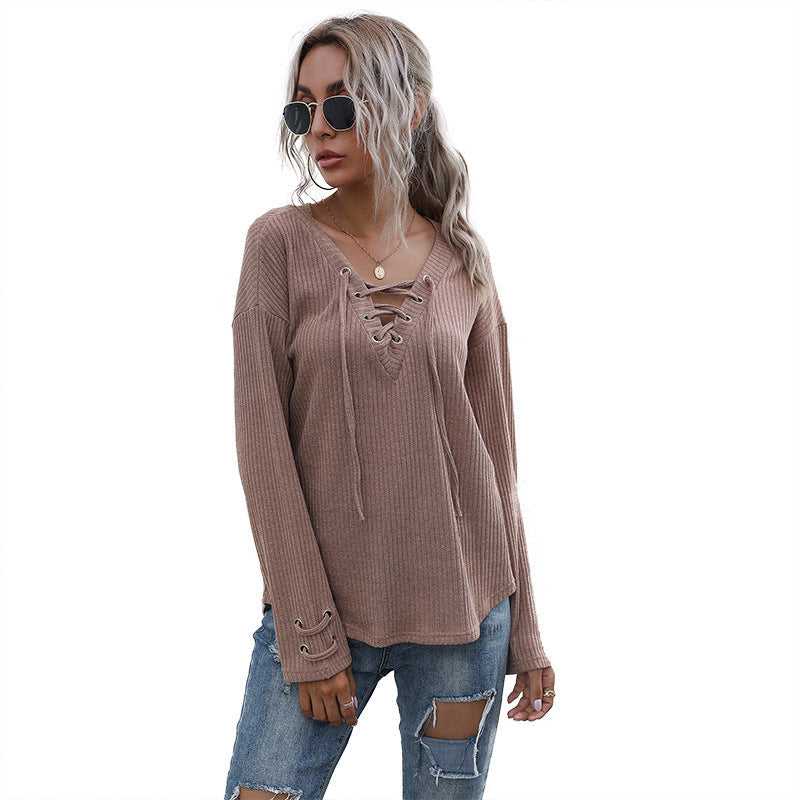 Women's casual pullover with lacing and balloon sleeves, size