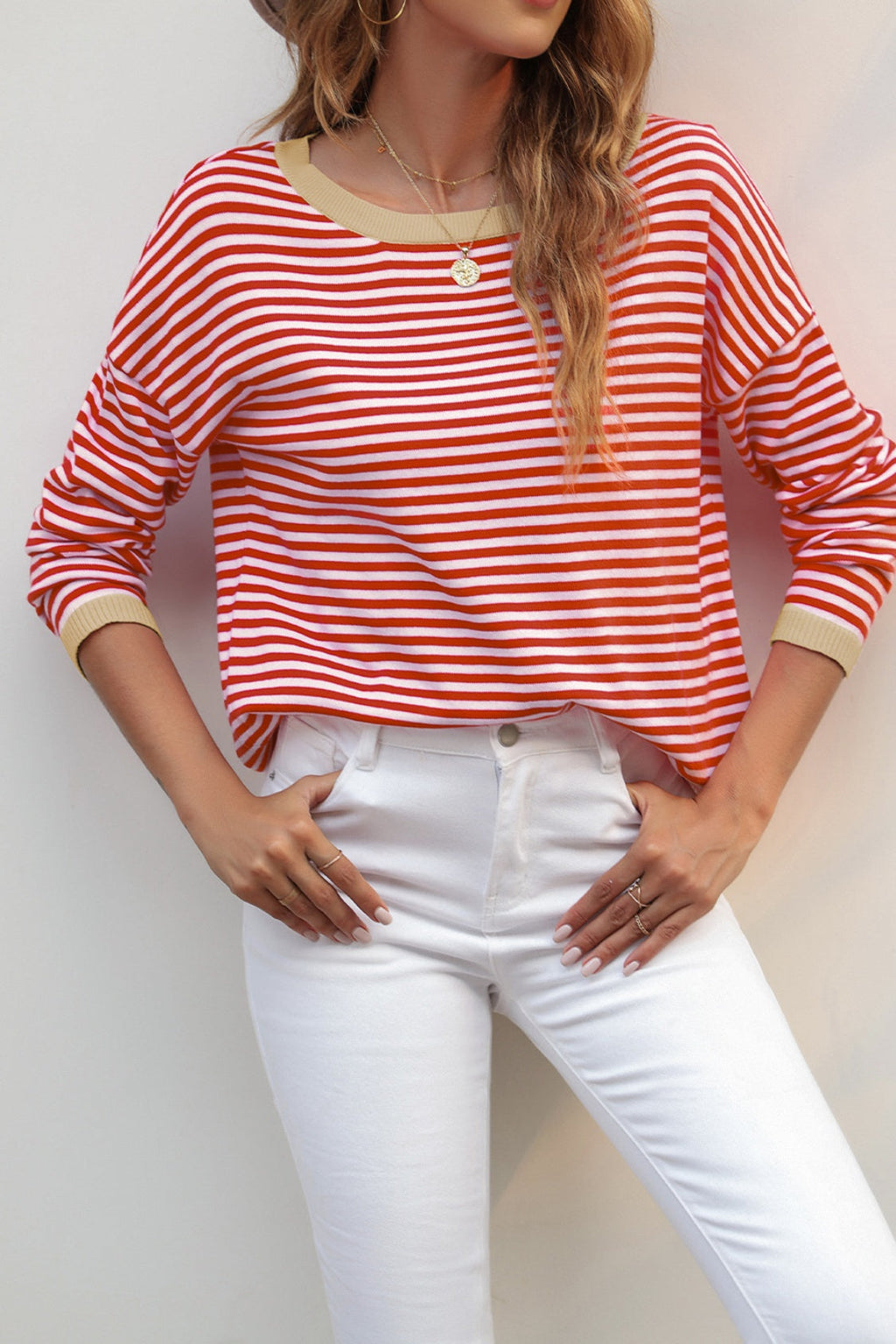 Valenzora | Striped crew neck drop-shoulder T-shirt