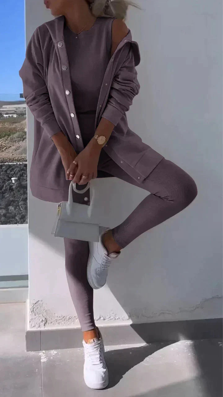 Valenzora - Three-piece set consisting of a hooded cardigan, a top and trousers