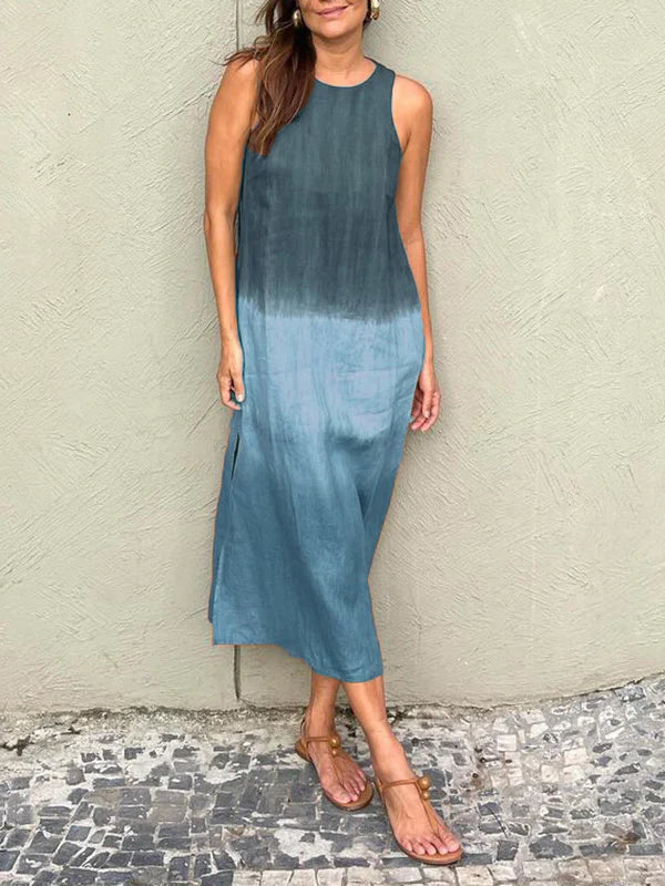 Valenzora | Langes, ärmelloses, weit geschnittenes Baumwoll-Leinen-Kleid mit dezentem Batik-Schlitz für Damen