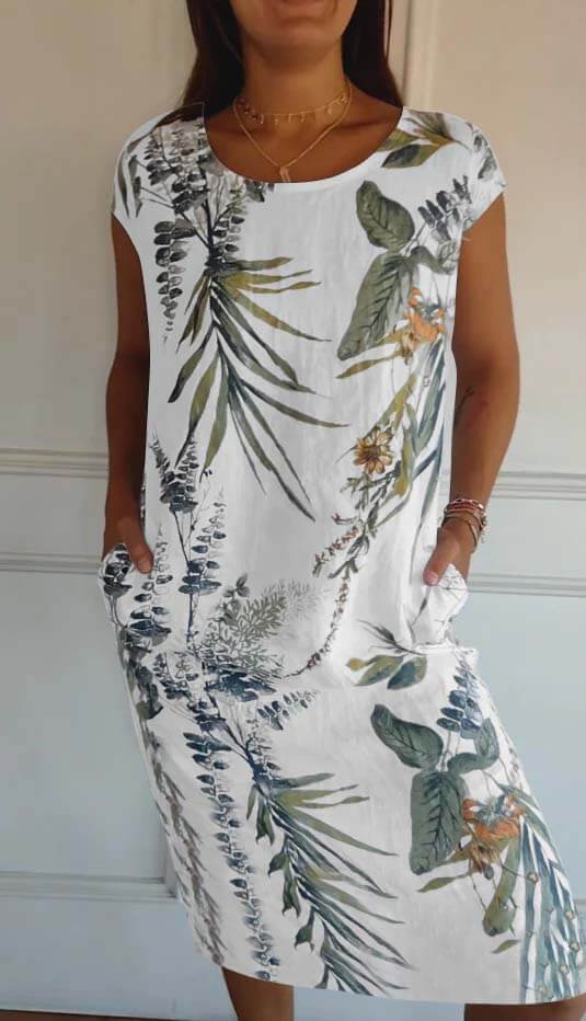 Valenzora | Cotton and linen round neck printed dress