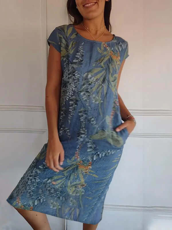 Valenzora | Cotton and linen round neck printed dress