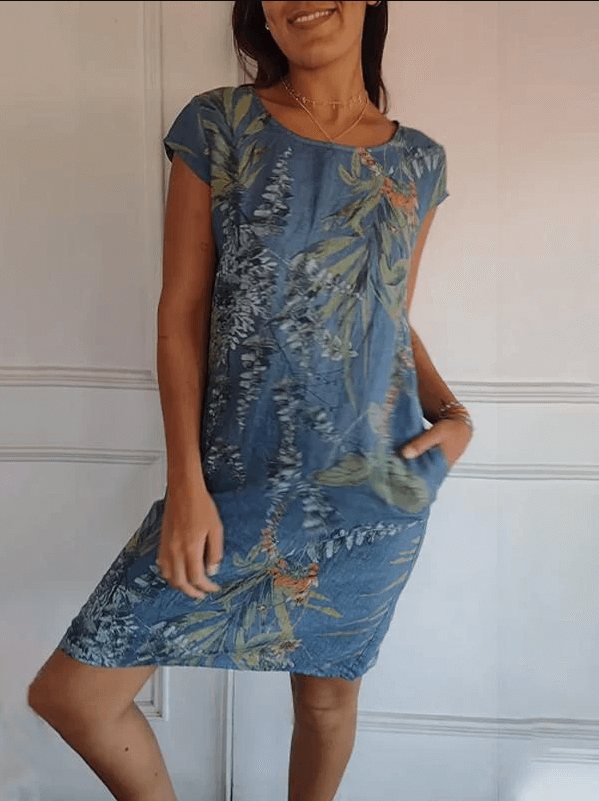 Valenzora | Cotton and linen round neck printed dress