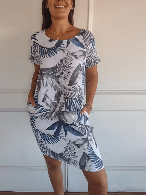 Valenzora | Cotton and linen round neck printed dress