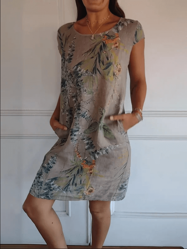 Valenzora | Cotton and linen round neck printed dress