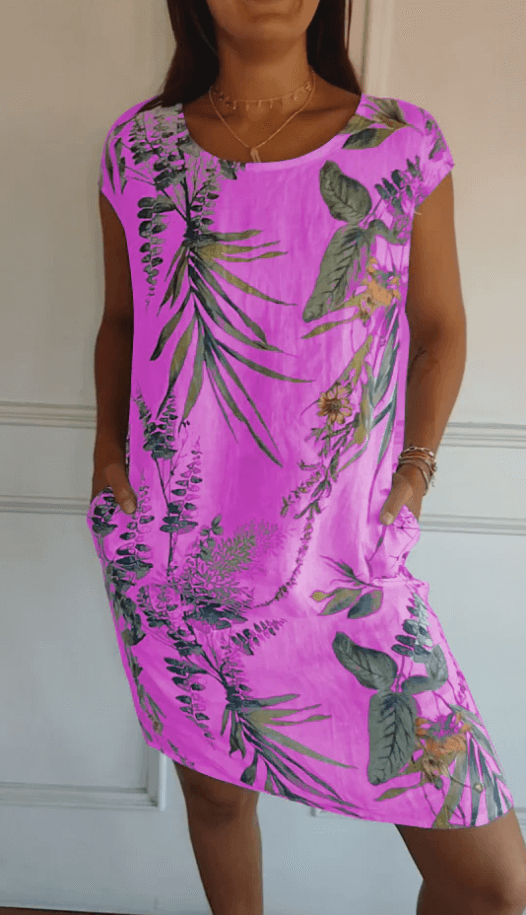 Valenzora | Cotton and linen round neck printed dress