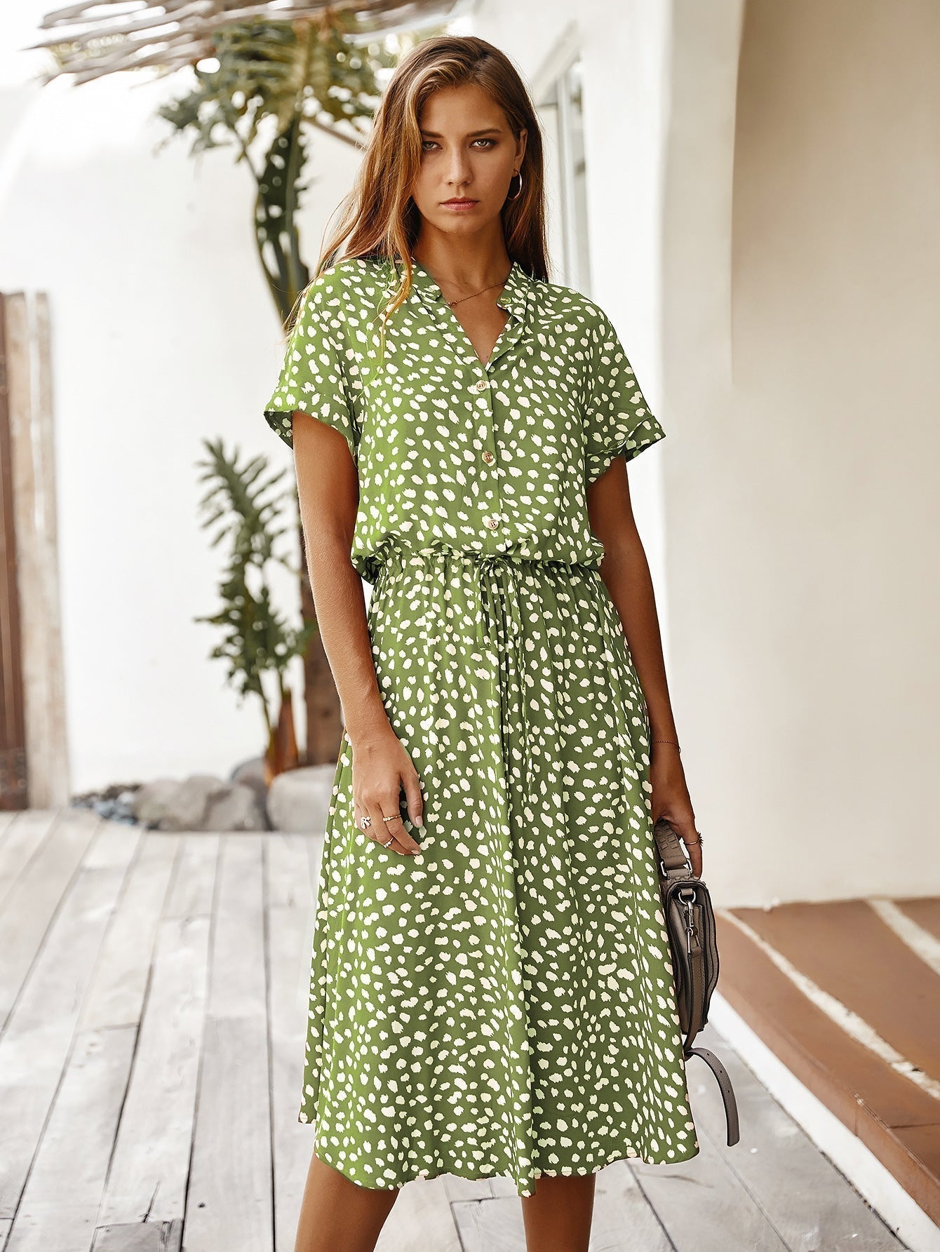 Valenzora | Casual Polka Dot V-Neck Short Sleeve Midi Dress