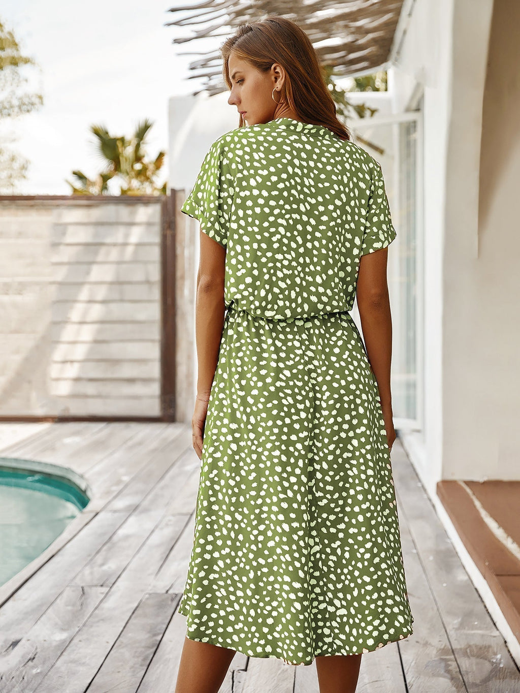 Valenzora | Casual Polka Dot V-Neck Short Sleeve Midi Dress
