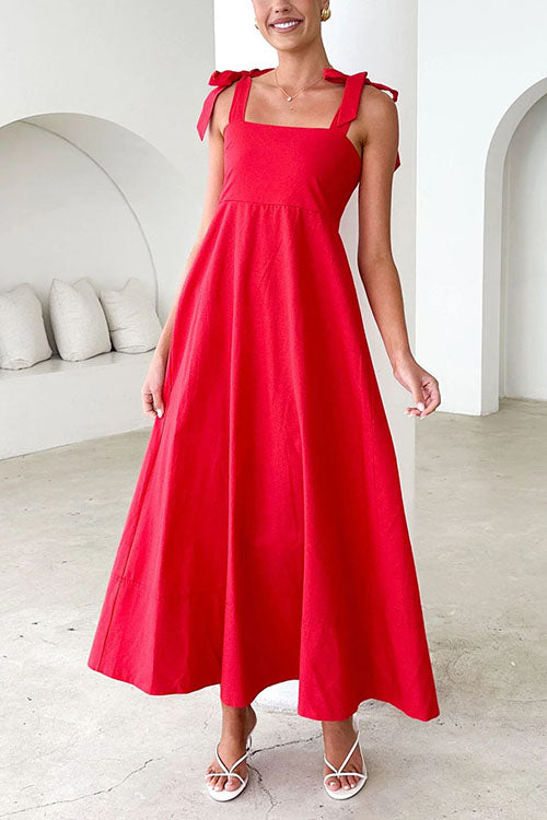 Valenzora | Rosiedress Maxikleid mit Spaghettiträgern, Schleifenschultern und Empire-Taille