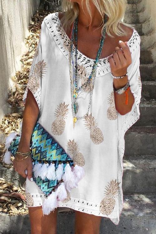 Valenzora | Rosiedress V-Neck Hollowed-Out Pineapple Print Batwing Beach Dress