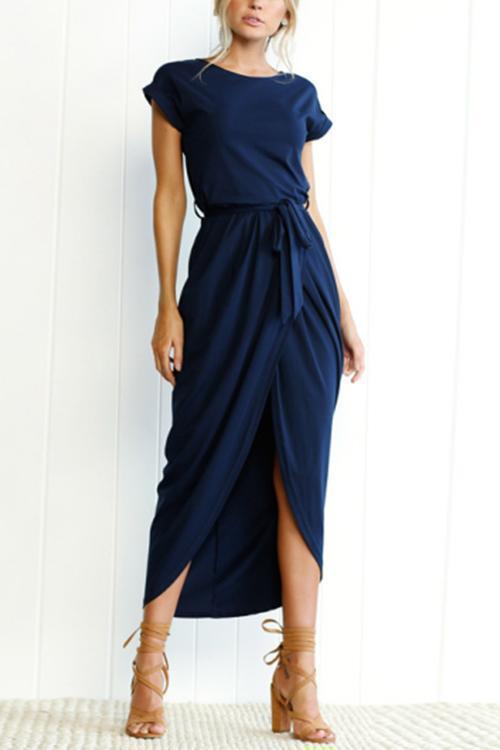 Valenzora | Rosiedress Short Sleeve Tie Waist Slit Midi Dress