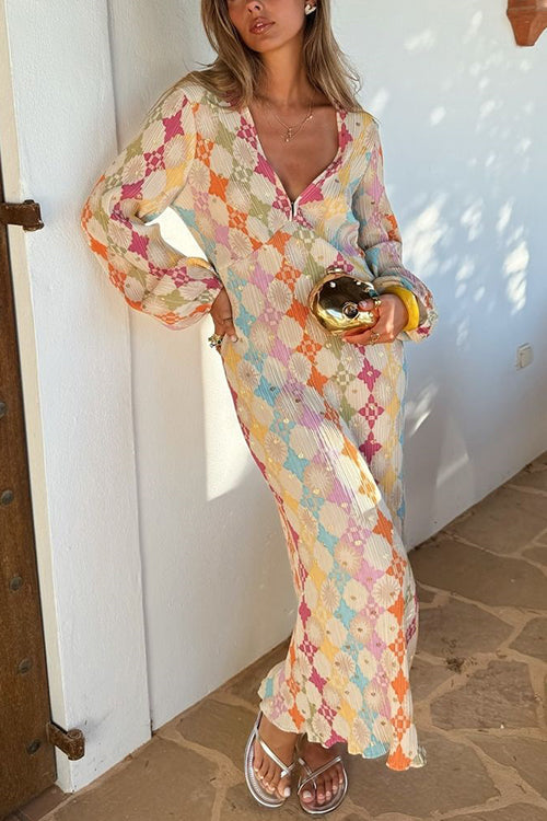 Valenzora | Rosiedress V-neck lantern sleeve geometric print maxi dress