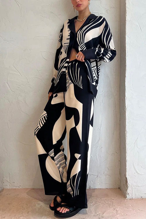 Valenzora | Rosiedress Graphic Print Long Sleeve Blouse Shirt Wide Leg Trousers 2 Piece Set