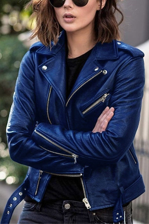 Valenzora | Rosiedress Vintage Lapel Zip Faux Leather Biker Jacket