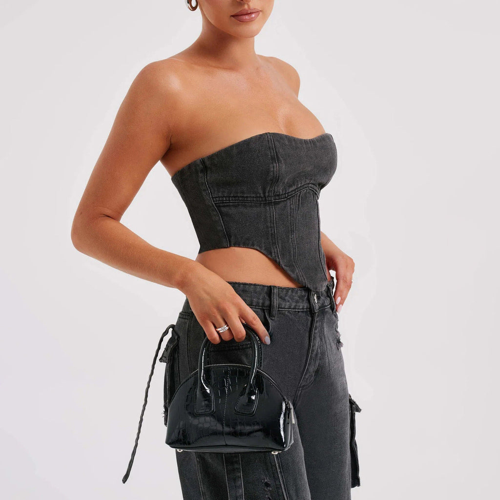 Valenzora | Denim Suits Summer Sexy Back Cutout Tube Top and Multiple Pockets Straight Trousers Fashion Long Trousers Suit Women's Clothing