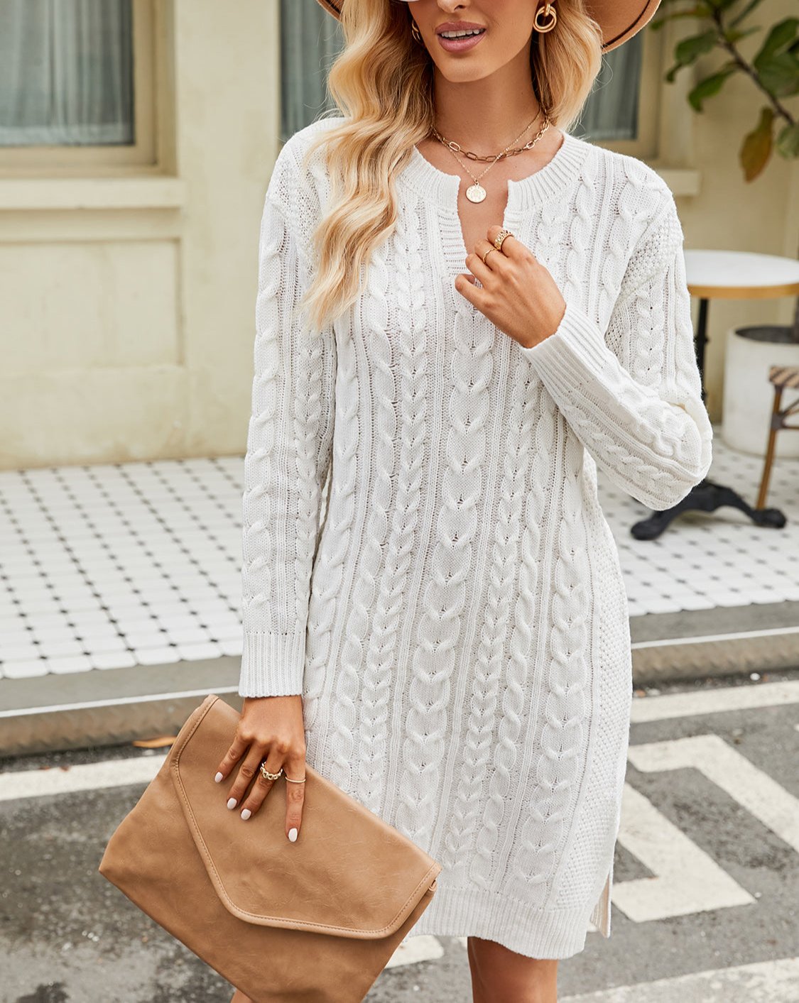 Valenzora | Chic autumn cable knit dress with neckline for women
