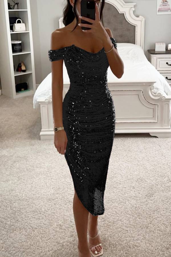 Valenzora | Shawl collar sequin midi dress