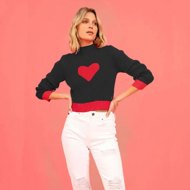Valenzora | Gerippter Strickpullover mit Herz-Intarsie