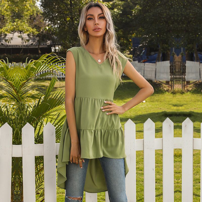 Women's Sleeveless Tunic Dress with Asymmetrical Hem and Chic Ruffle Drune