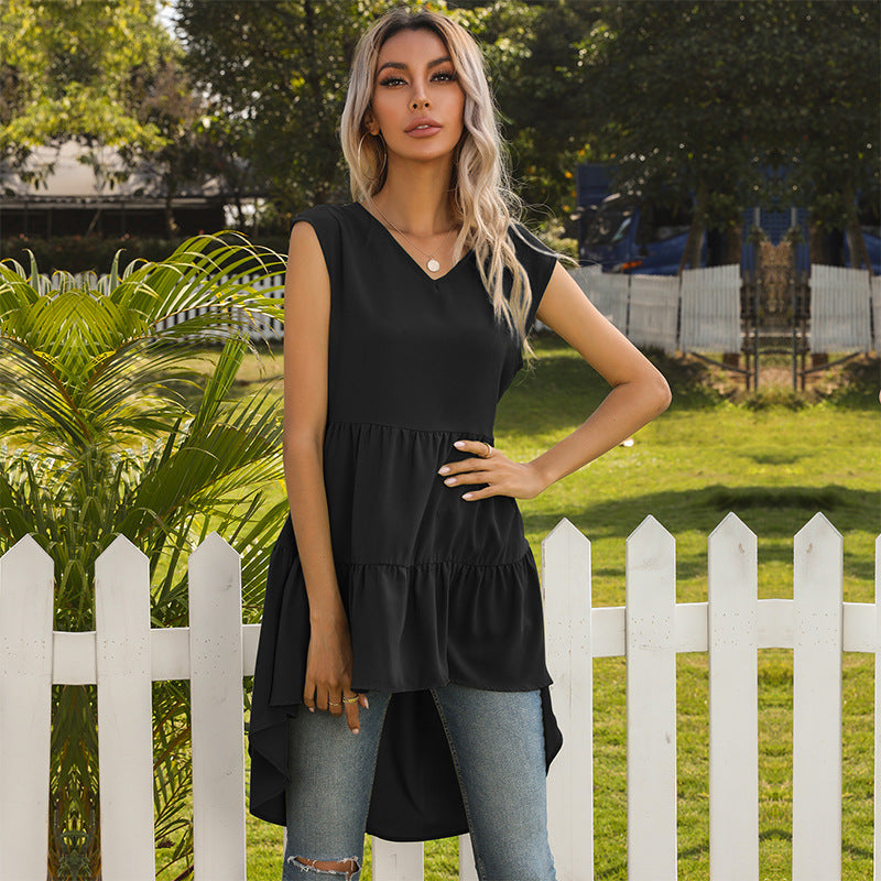 Women's Sleeveless Tunic Dress with Asymmetrical Hem and Chic Ruffle Drune