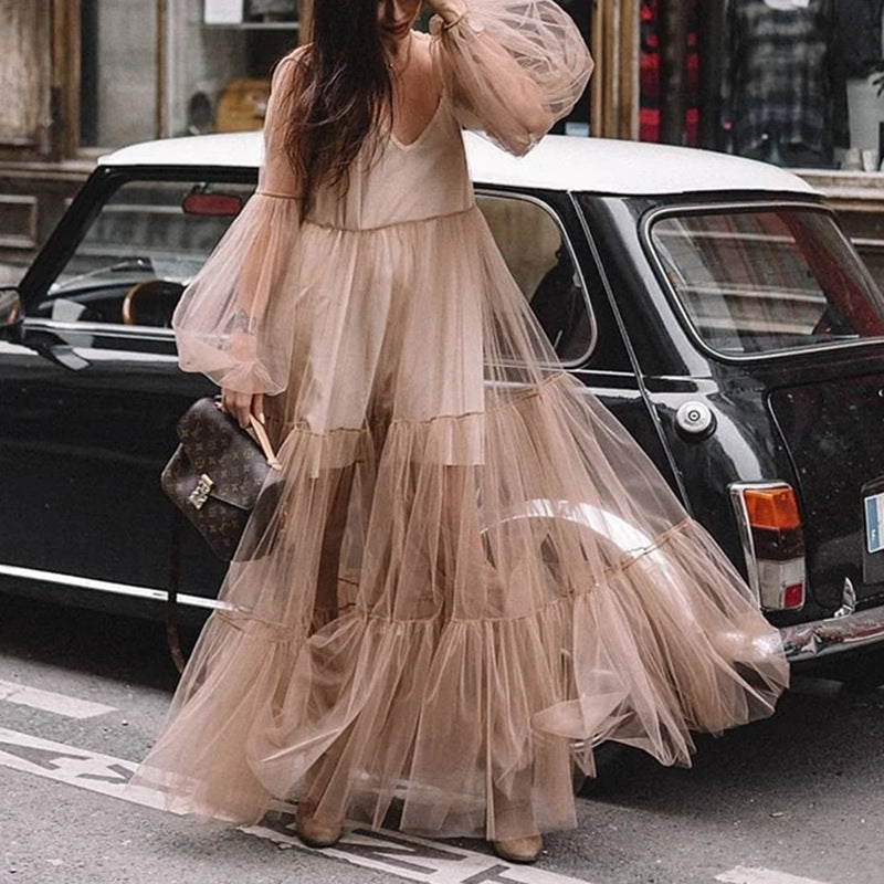 Valenzora | Puff Sleeve Tulle Sheer Long Skirt Dress