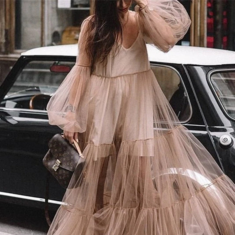 Valenzora | Puff Sleeve Tulle Sheer Long Skirt Dress