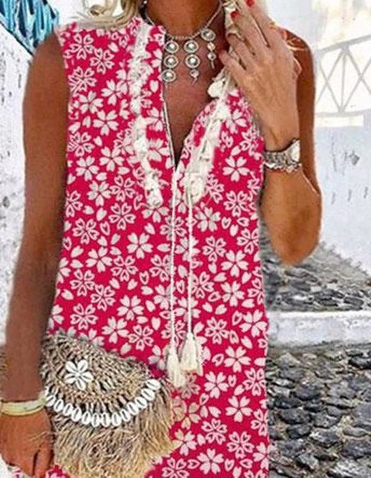 Valenzora | Bedrucktes Fransen-Kleid mit sexy V-Ausschnitt und ohne Ärmel