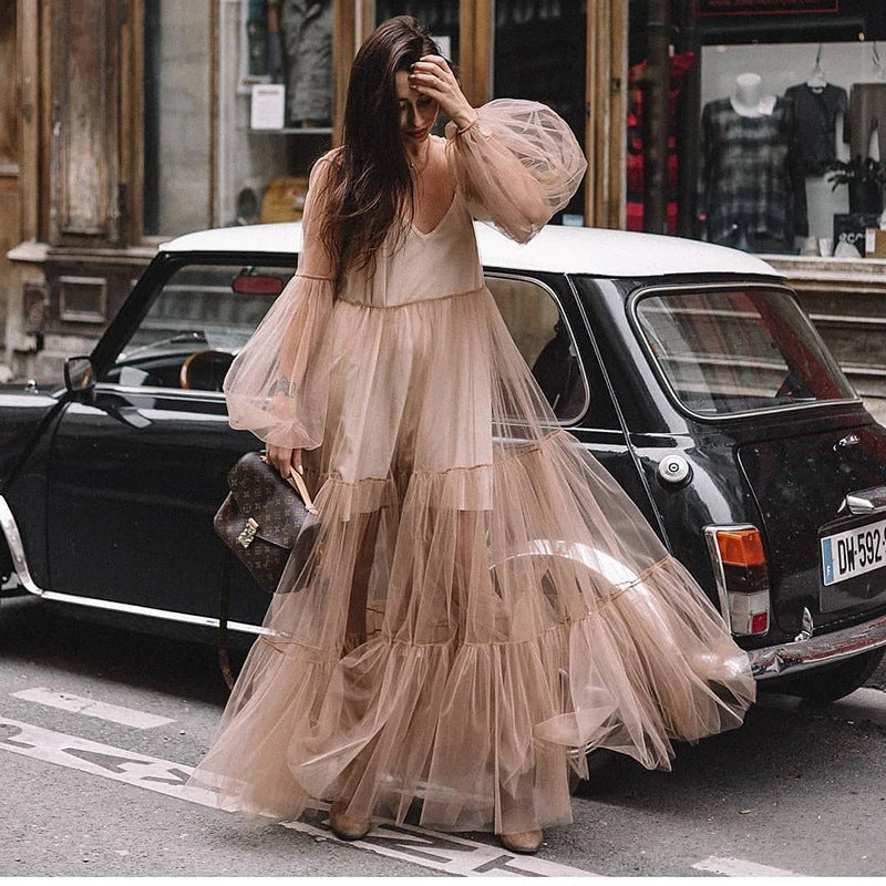 Valenzora | Puff Sleeve Tulle Sheer Long Skirt Dress