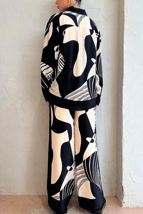 Valenzora | Rosiedress Graphic Print Long Sleeve Blouse Shirt Wide Leg Trousers 2 Piece Set