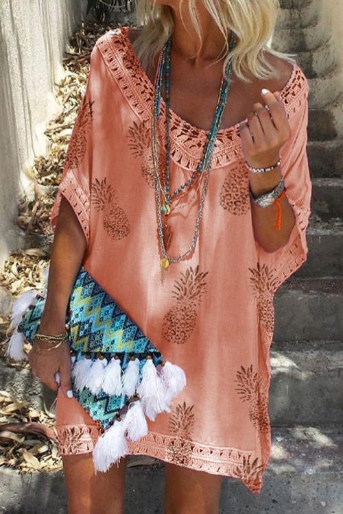 Valenzora | Rosiedress V-Neck Hollowed-Out Pineapple Print Batwing Beach Dress