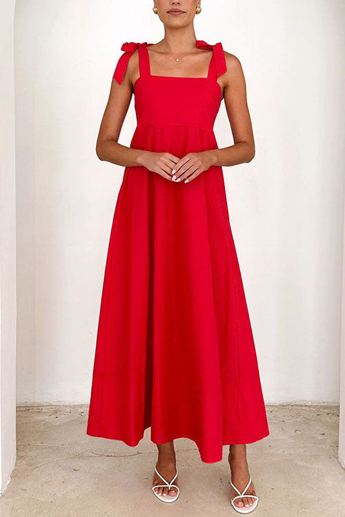 Valenzora | Rosiedress Maxikleid mit Spaghettiträgern, Schleifenschultern und Empire-Taille