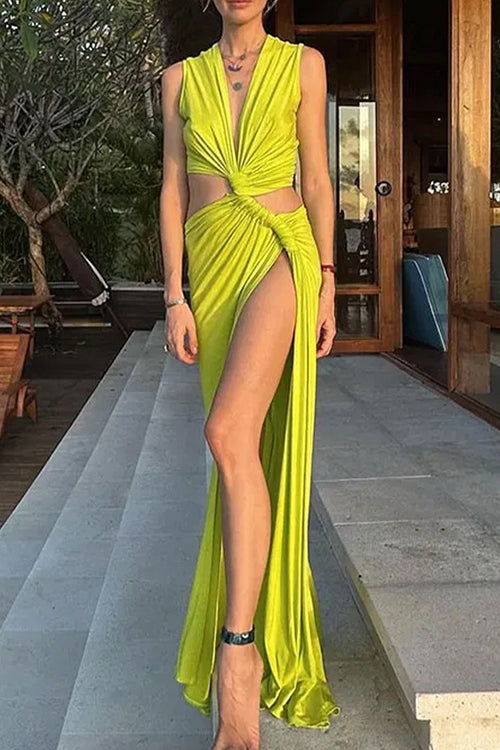 Valenzora | Rosiedress V-neck knot front cut-out high slit sleeveless maxi dress