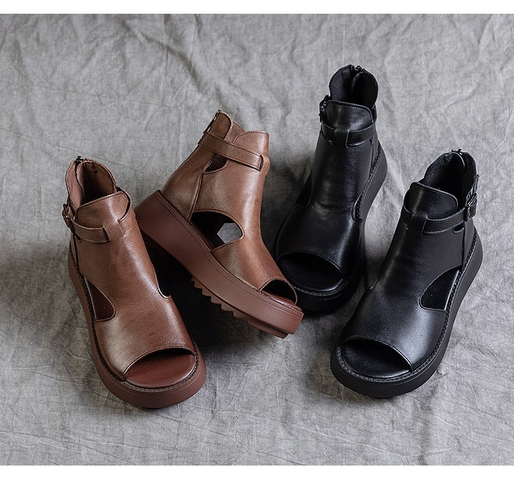 Valenzora | Summer New Retro First Layer Cowhide Back Peep Toe Sandals for Women