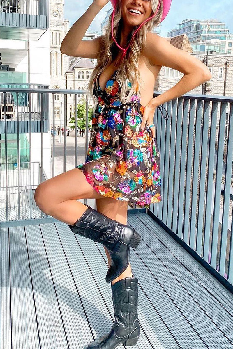 Valenzora | Rainbow Sequin Open Back Slip Mini Dress