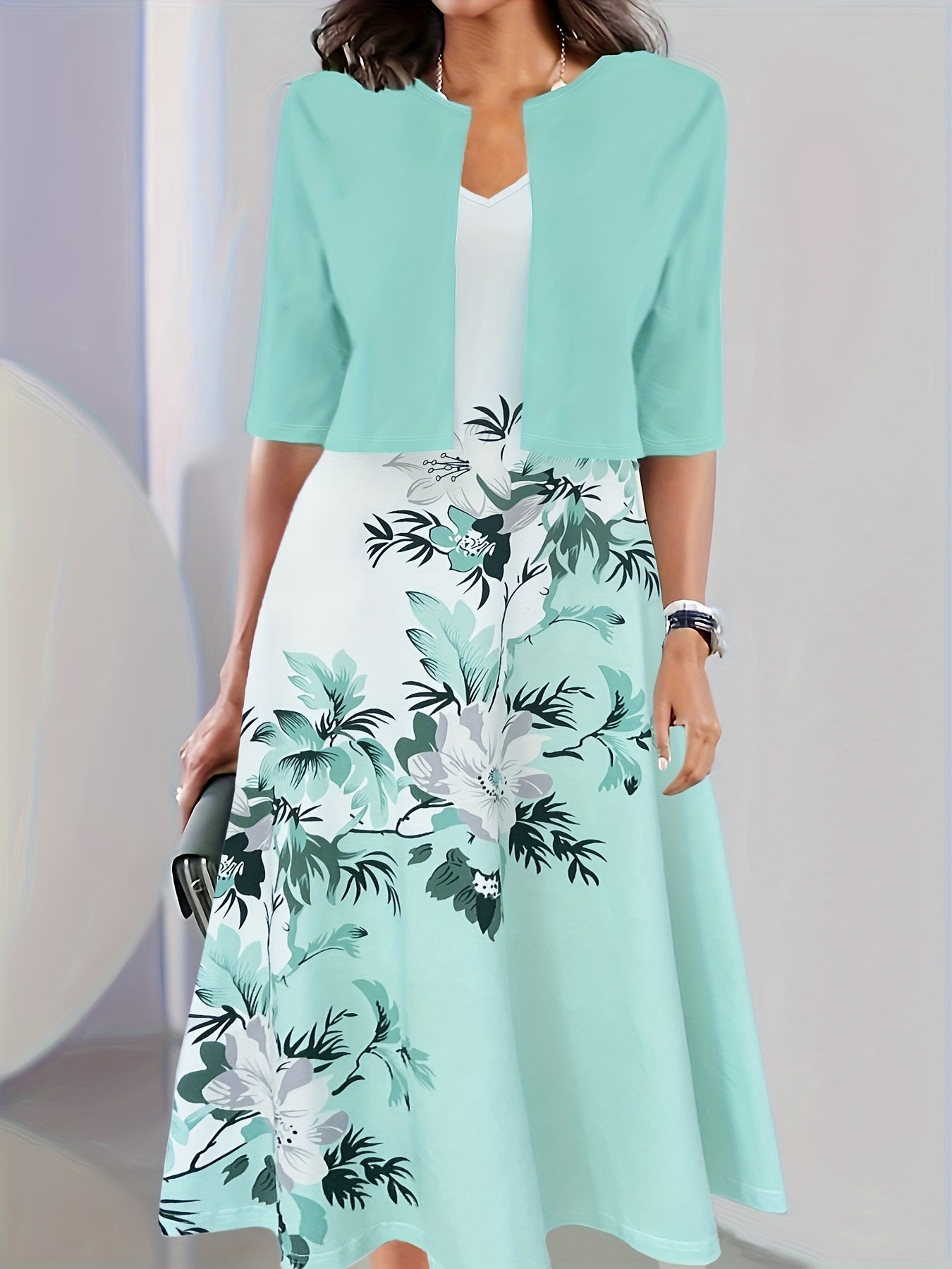 Valenzora Dress | Elegant turquoise long blazer/dress set with floral pattern