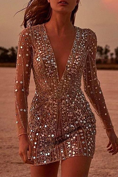 Valenzora | Rosiedress Deep V-Neck Mesh Sleeve Mini Sequin Club Dress