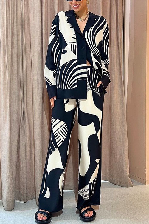 Valenzora | Rosiedress Graphic Print Long Sleeve Blouse Shirt Wide Leg Trousers 2 Piece Set