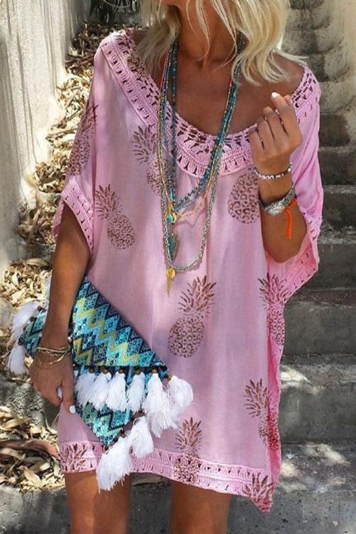 Valenzora | Rosiedress V-Neck Hollowed-Out Pineapple Print Batwing Beach Dress