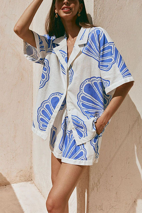 Valenzora | Rosiedress V-neck short-sleeved shirt and shorts with drawstring waist, shell print set