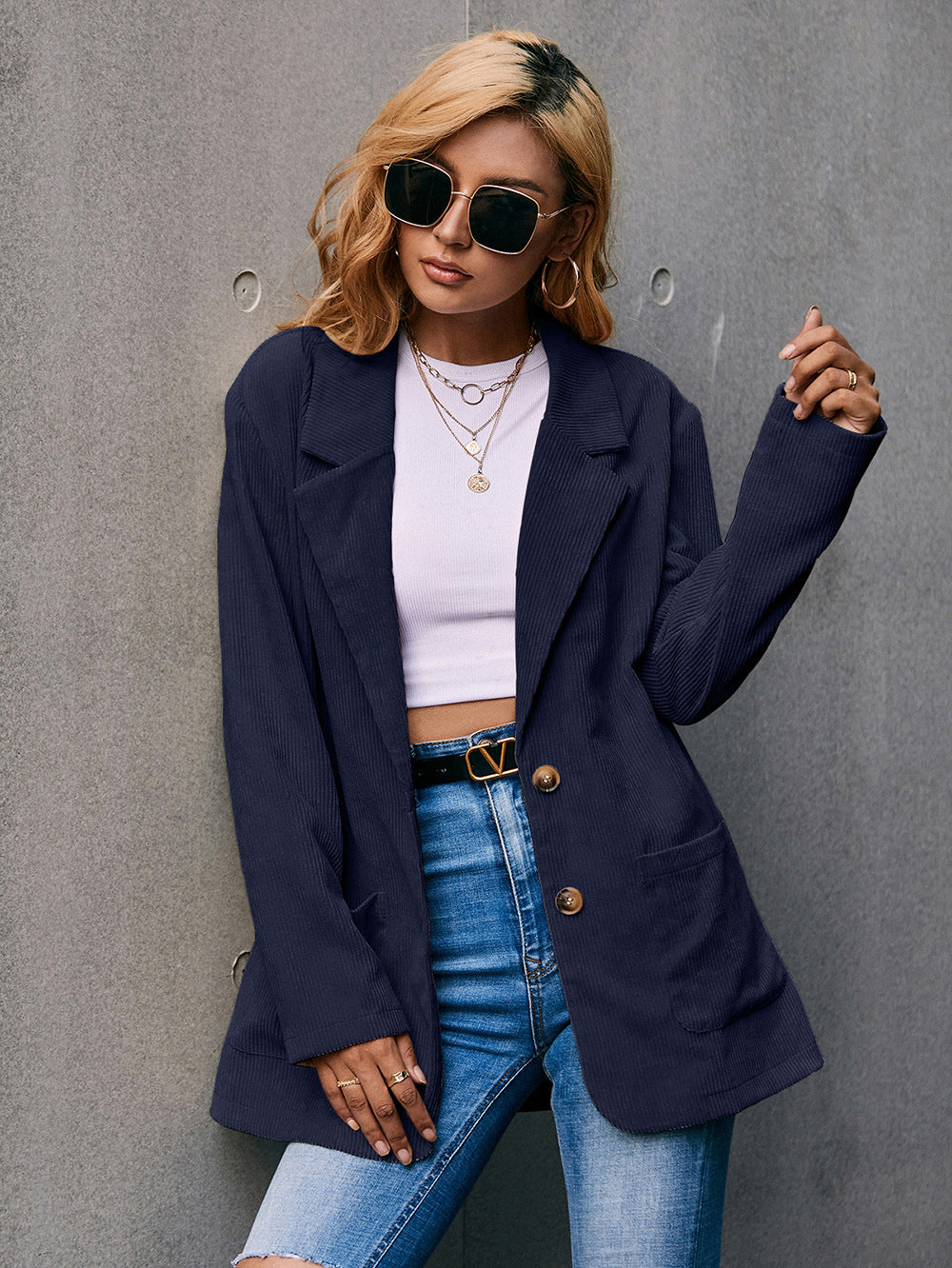 Valenzora | Cord-Longline-Blazer mit langen Ärmeln und Taschen