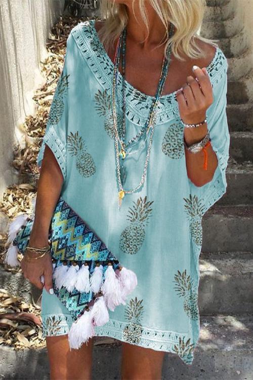 Valenzora | Rosiedress V-Neck Hollowed-Out Pineapple Print Batwing Beach Dress