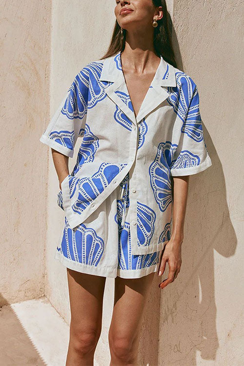 Valenzora | Rosiedress V-neck short-sleeved shirt and shorts with drawstring waist, shell print set