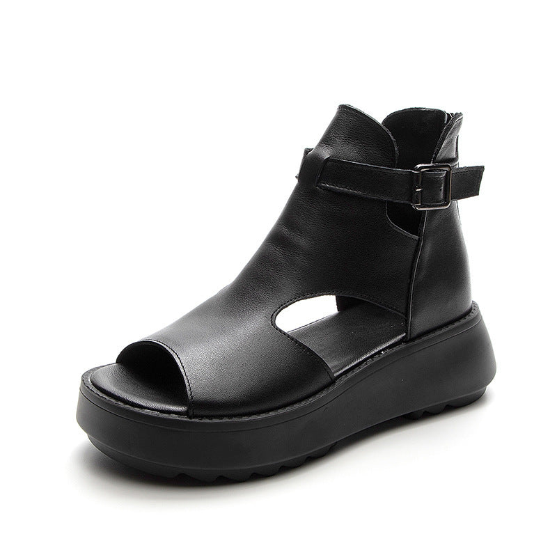 Valenzora | Summer New Retro First Layer Cowhide Back Peep Toe Sandals for Women