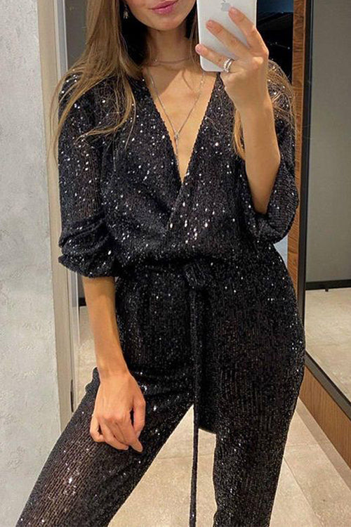Valenzora | Rosiedress Wrap V-Neck Tie Belt Sequin Jumpsuit