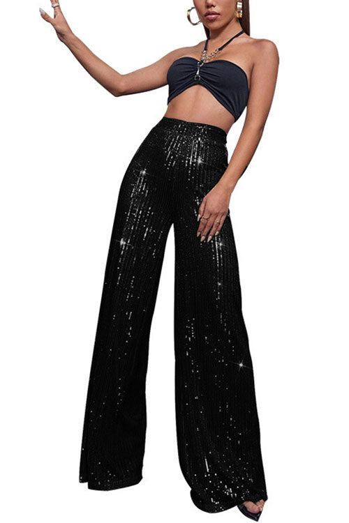 Valenzora | Rosiedress Shiny Elastic Waist Wide Leg Sequin Trousers