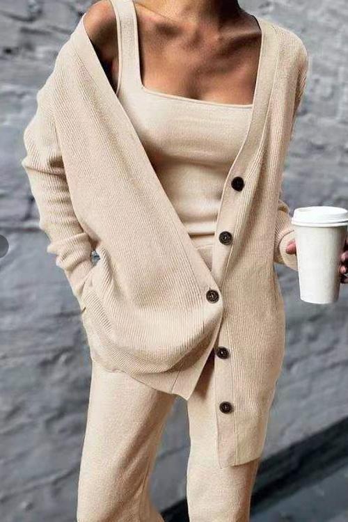 Valenzora | Rosiedress Wide Strap Tank Top, Button-Down Cardigan and Long Trousers 3 Piece Lounge Suit Set