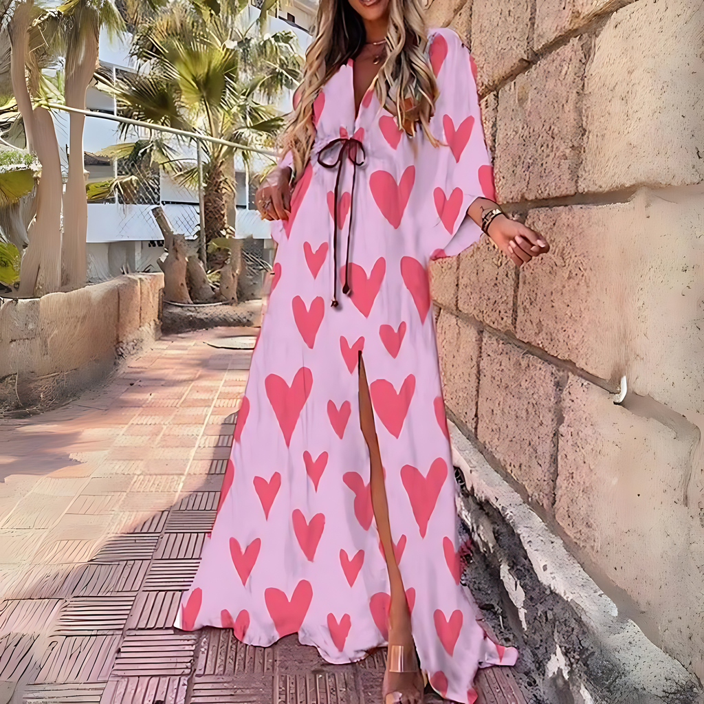 Valenzora | Luxurious Long-Sleeved Boho Print Long Dress with Belt