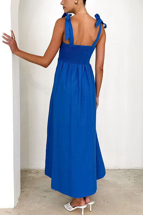 Valenzora | Rosiedress Maxikleid mit Spaghettiträgern, Schleifenschultern und Empire-Taille